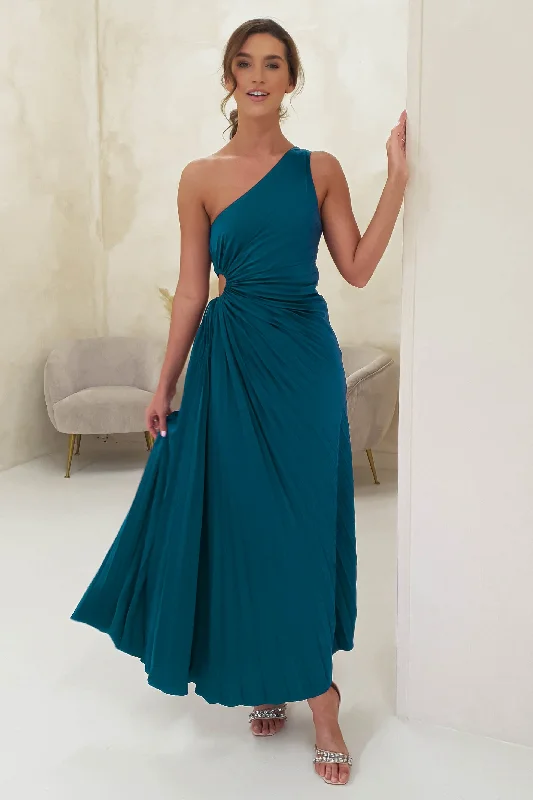 Olsen Pleated Maxi Dress | Teal Elegant Maxi Dress with Pockets