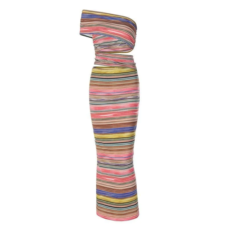 One shoulder contrast striped hollow out slit cut out maxi dress Classic Black Maxi Dress
