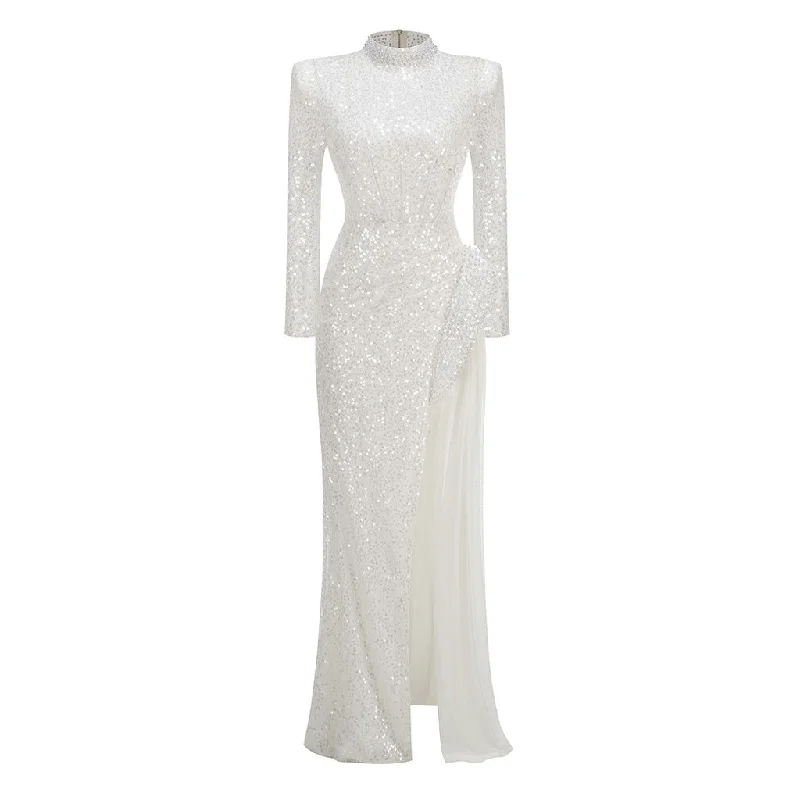 Opulent Faux Pearl Strong Shoulder Cutout Draped Sash Split Sequin Maxi Dress Fashionable Sheer Maxi Dress