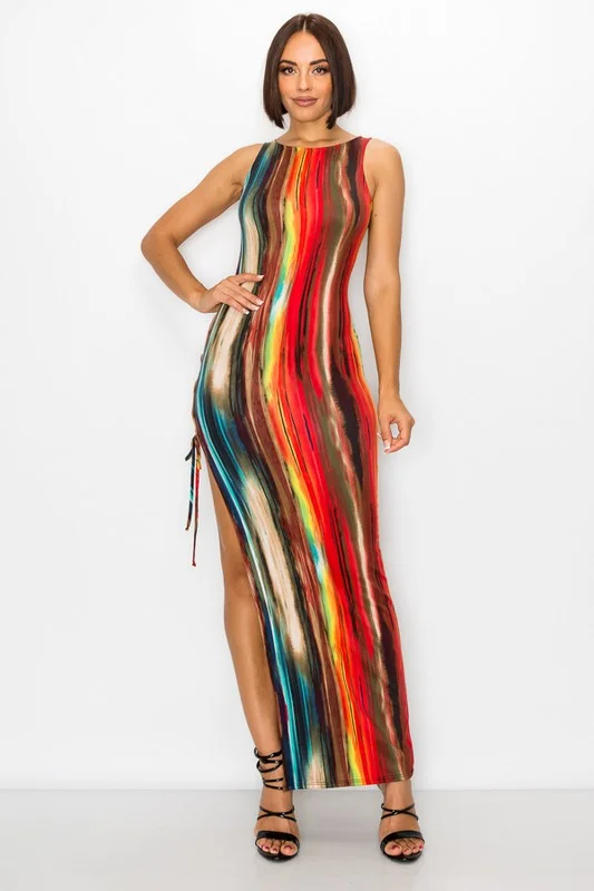 Painted Print Sleeveless Bodycon Maxi Dress with Side Slit Elegant Lace Maxi Dress