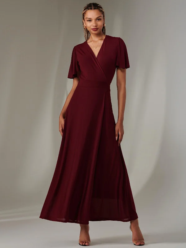 Plain Angel Sleeve Wrapped Maxi Dress, Burgundy Trendy Ruffled Maxi Dress