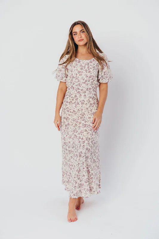 Lucia Bias-Cut Maxi Dress with Puffed Sleeves in Lilac Cream Chic Button-Up Maxi Dress Lucia Bias-Cut Maxi Dress with Puffed Sleeves in Lilac Cream Chic Button-Up Maxi Dress