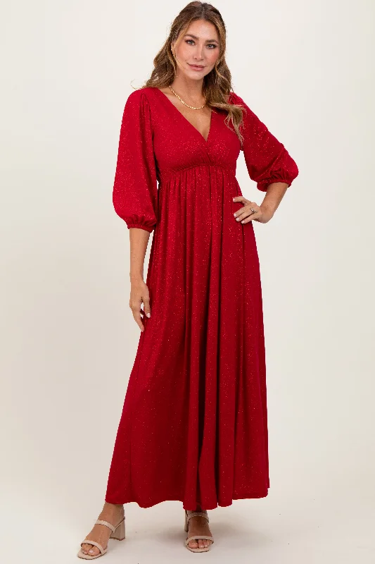 Red Glitter V-Neck Maxi Dress Trendy Satin Maxi Dress