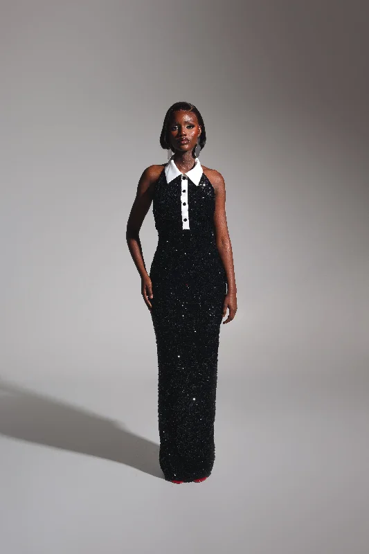 RIA Halter Sequin Maxi Dress in ONYX Fashionable Chiffon Tiered Maxi Dress