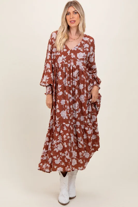 Rust Floral Textured Bubble Sleeve Maxi Dress Comfortable Bohemian Maxi Dress