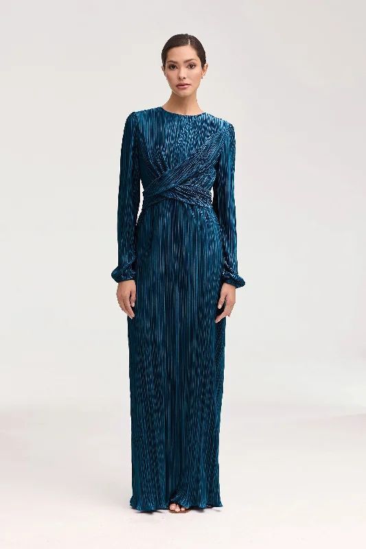 Samara Satin Plisse Wrap Waist Maxi Dress - Lapis Blue Comfortable Flowy Maxi Dress