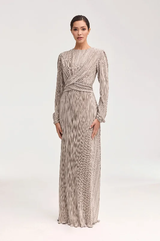 Samara Satin Plisse Wrap Waist Maxi Dress - Taupe Trendy Maxi Dress with Straps