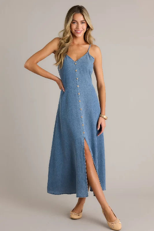Secret Crush Light Chambray Maxi Dress Trendy Maxi Dress with Belt