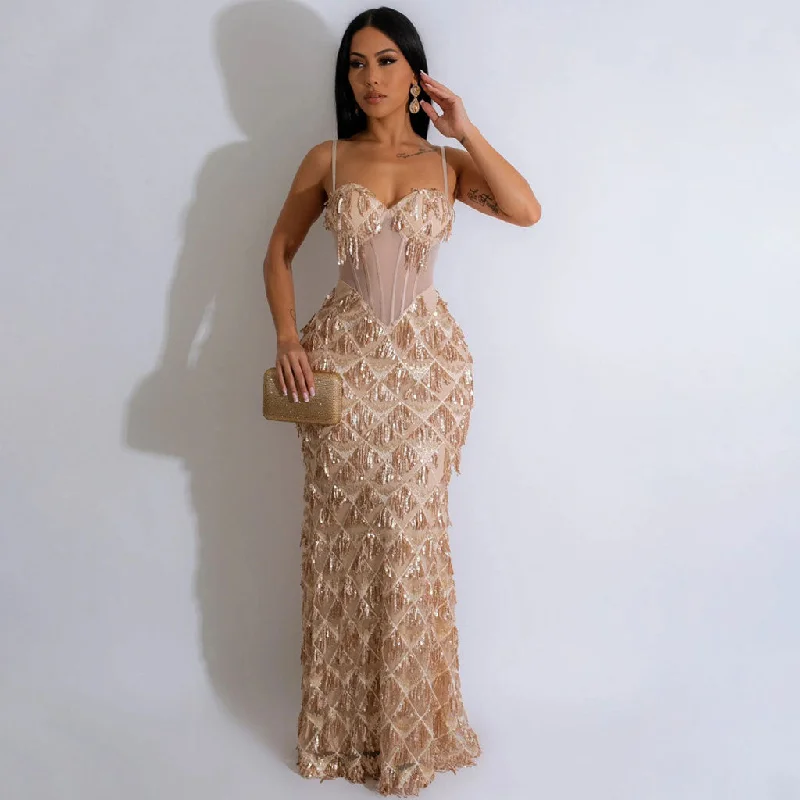 Sexy Bustier Sheer Mesh Panel Drop Waist Fringe Sequin Slip Maxi Dress Cozy Knit Maxi Dress Sexy Bustier Sheer Mesh Panel Drop Waist Fringe Sequin Slip Maxi Dress Cozy Knit Maxi Dress
