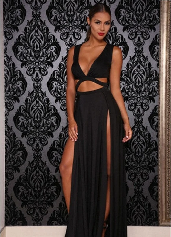 Sexy Dress Women Maxi Dress Cut Out Double Split Trendy Satin Maxi Dress