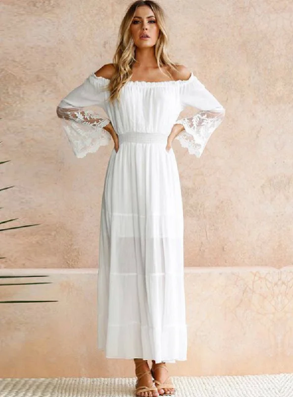 Sexy Off Shoulder Lace Boho Cotton Maxi Dress Trendy A-Line Maxi Dress