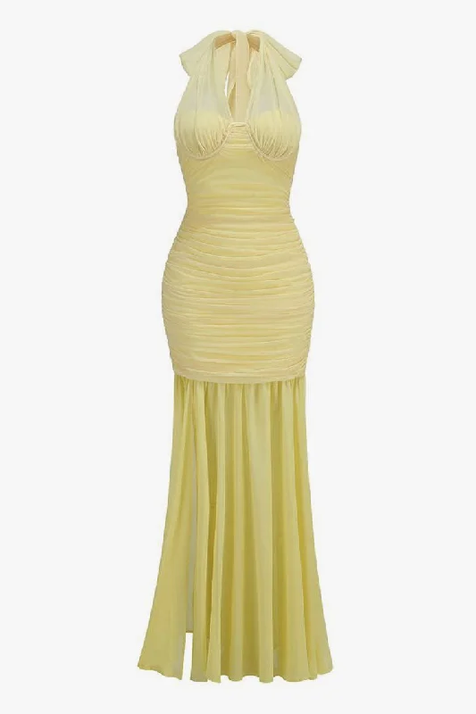 Sexy Scarf Halter Bustier Ruched Mesh Chiffon Split Evening Maxi Dress Fashionable Asymmetrical Maxi Dress