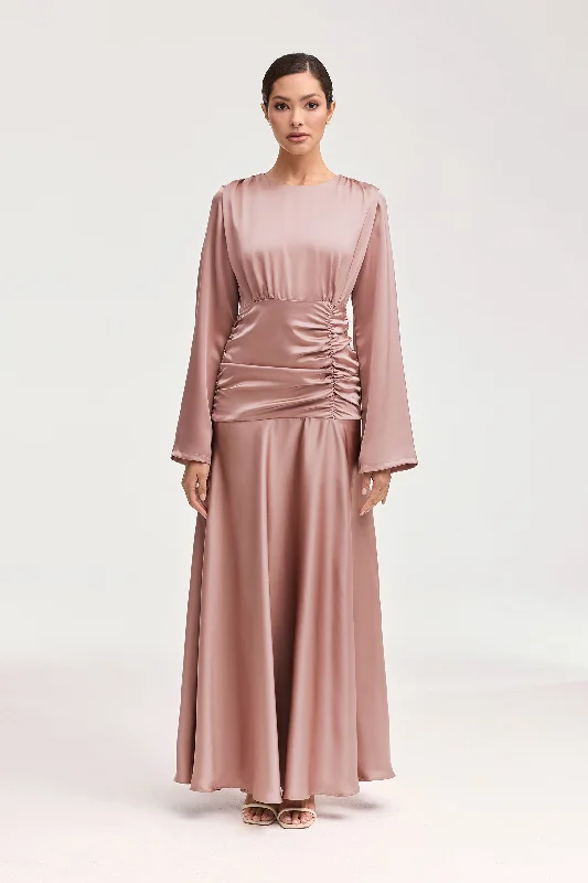 Shams Satin Side Rouched Maxi Dress - Dusty Rose Comfortable Bohemian Maxi Dress