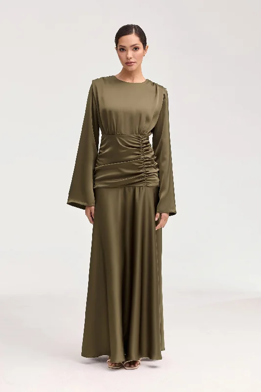 Shams Satin Side Rouched Maxi Dress - Olive Elegant Maxi Dress with Lace
