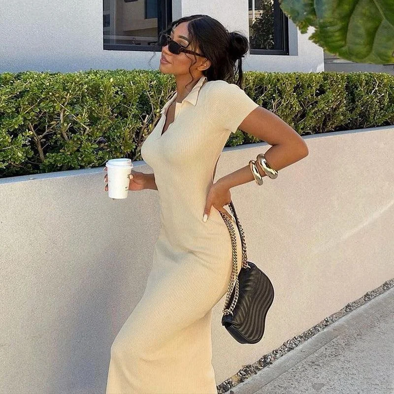 Short Sleeve Backless Collared Maxi Dress Trendy A-Line Maxi Dress