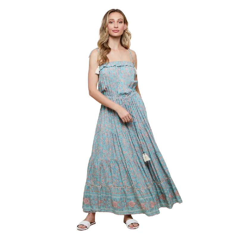 Blue Floral Printed Maxi Dress With Tassel Comfortable Ruffle Maxi Dress