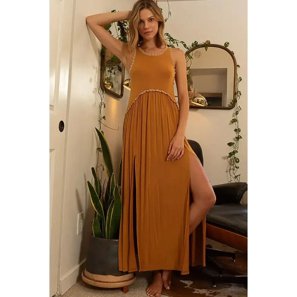 Sleeveless Racerback Back Zipper Front Slit Knit Maxi Dress, Toffee Trendy Fit-and-Flare Maxi Dress Sleeveless Racerback Back Zipper Front Slit Knit Maxi Dress, Toffee Trendy Fit-and-Flare Maxi Dress