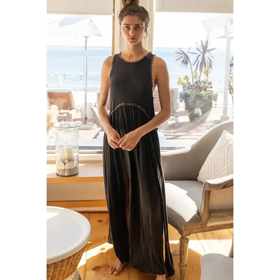 Sleeveless Racerback Back Zipper Front Slit Knit Maxi Dress, Black Elegant Sleeveless Maxi Dress