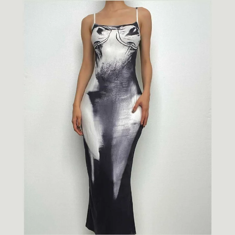 Square neck contrast print backless slit cami maxi dress Comfortable Maxi Dress with Belt