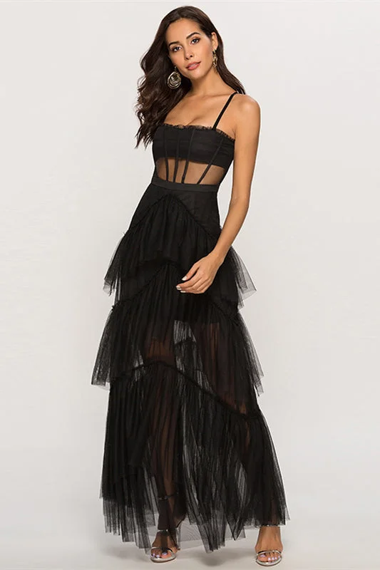 Straps Black Tulle Ruffled Long Maxi Dress Trendy Maxi Dress with Bow