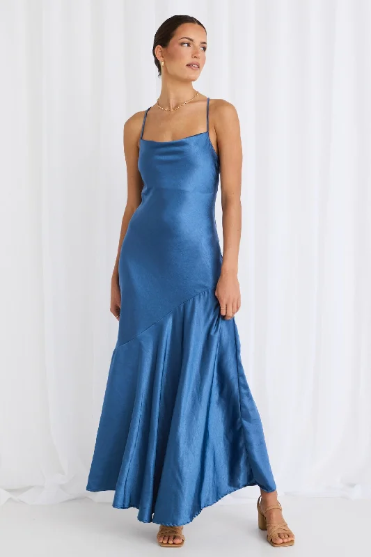 Surreal Petrol Satin Strappy Maxi Dress Stylish Empire Waist Maxi Dress