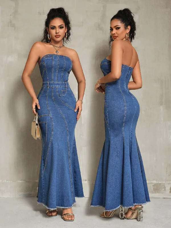 Elegant Denim Strapless Mermaid Hem Maxi Dress Trendy Printed Maxi Dress