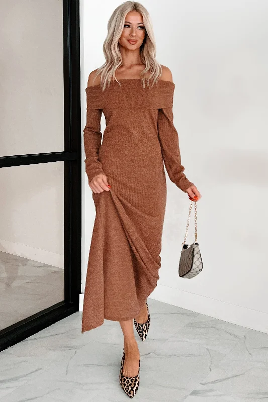 Tanya Off The Shoulder Sweater Maxi Dress (Brown) Trendy Maxi Dress with Lace