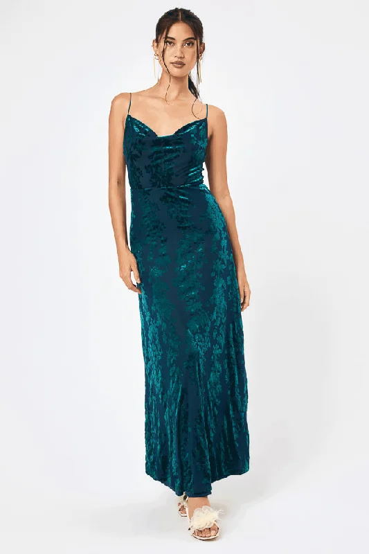 Teal Jacquard Cowl Neck Maxi Dress Comfortable T-Shirt Maxi Dress