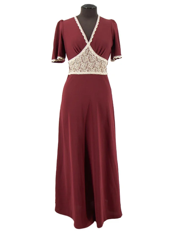 Vintage 1970s Lace Trimmed Maroon Maxi Dress Trendy A-Line Maxi Dress