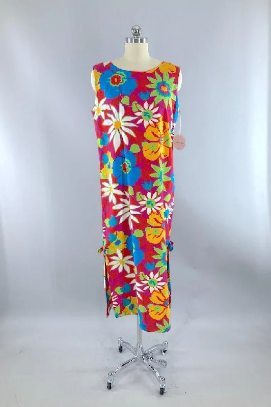 Vintage Pink & Red Floral Maxi Dress Comfortable Maxi Dress with Slits