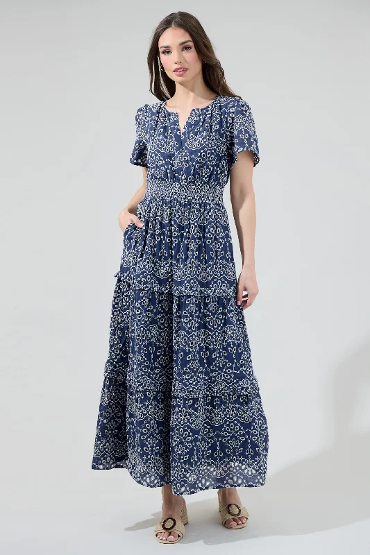 Viridiana Floral Eyelet Palmer Tiered Maxi Dress Comfortable Bohemian Maxi Dress