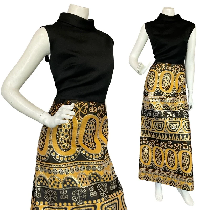 VTG 60S 70S AZTEC HIPPY BLACK GOLD YELLOW METALLIC SLEEVELESS MAXI DRESS 14 Stylish A-Line Maxi Dress