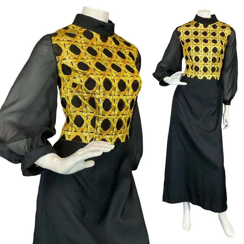 VTG 60S 70S BLACK GOLD MESH BALLOON SLEEVE GEOMETRIC PARTY EVENING MAXI DRESS 14 Stylish Long Sleeve Maxi Dress