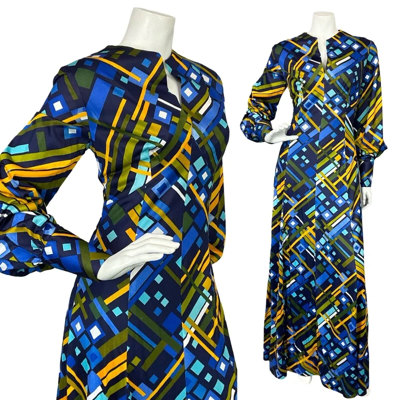 VTG 60S 70S BLUE YELLOW GEOMETRIC BISHOP SLEEVE STRIPE TUNIC MAXI DRESS 10 Trendy Satin Maxi Dress