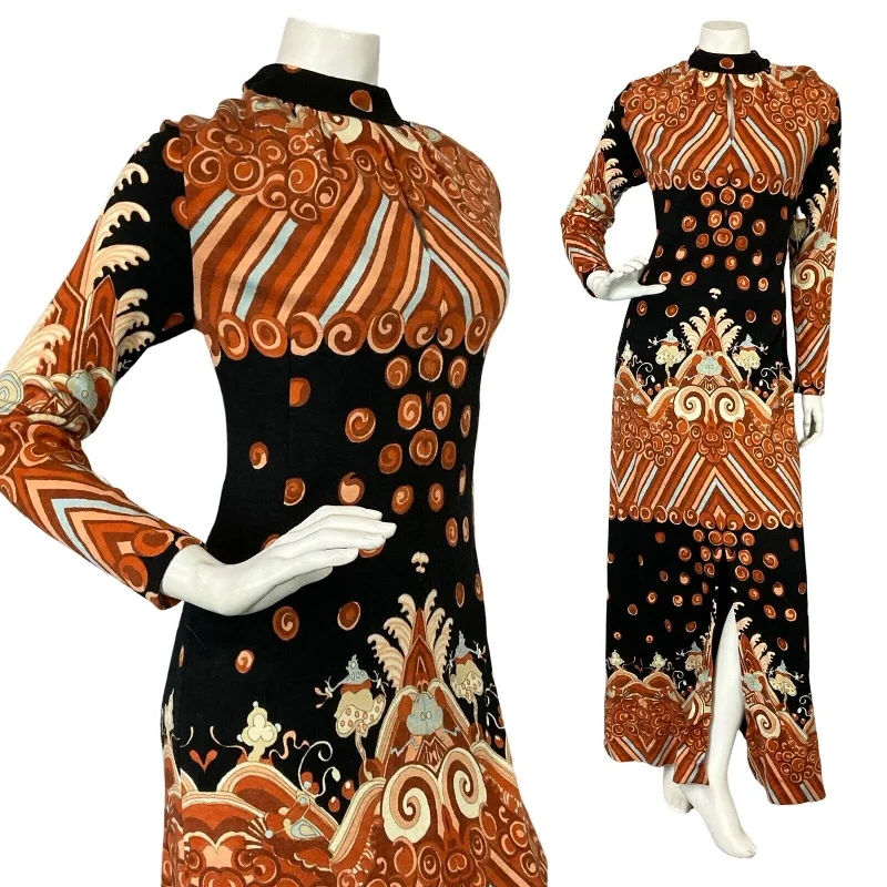VTG 60S 70S ORANGE BLUE BLACK PSYCHEDELIC HIPPY KEYHOLE PARTY MAXI DRESS S 8 10 Comfortable Plunging Neckline Maxi Dress