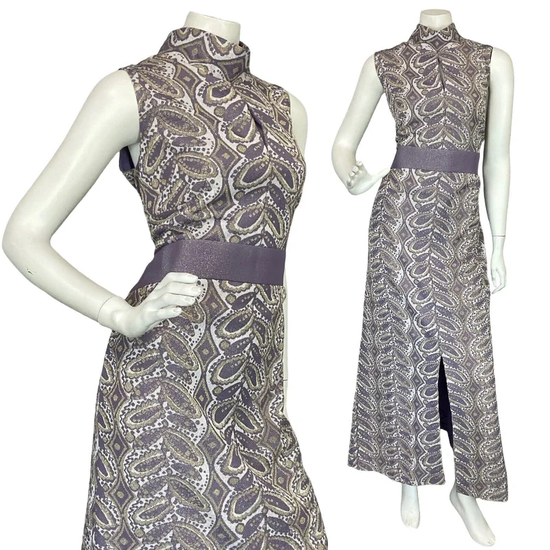 VTG 60S 70S PURPLE GOLD LUREX FUNNEL NECK PSYCHDELIC EVENING PARTY MAXI DRESS 14 Comfortable Ruffle Hem Maxi Dress