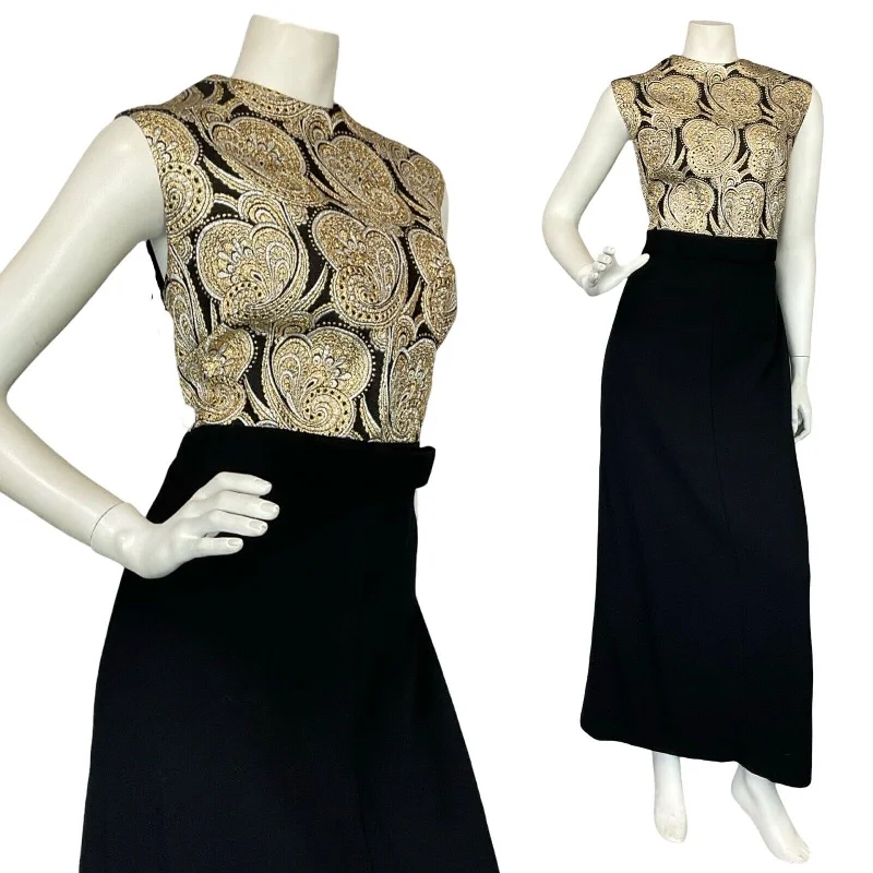 VTG 60S BLACK GOLD SILVER PSYCHEDELIC BOW EMPIRE PARTY MAXI DRESS 14 16 Trendy Floral Print Maxi Dress