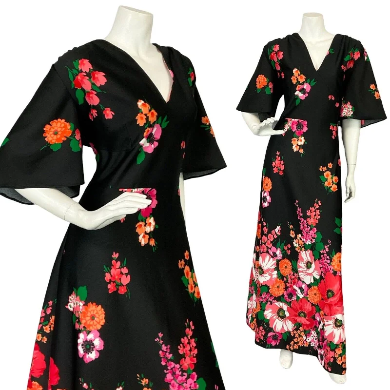 VTG 70S ANGEL SLEEVE BLACK RED PINK FLORAL PLUNGING NECKLINE MAXI DRESS 14 16 Fashionable Sheer Maxi Dress VTG 70S ANGEL SLEEVE BLACK RED PINK FLORAL PLUNGING NECKLINE MAXI DRESS 14 16 Fashionable Sheer Maxi Dress