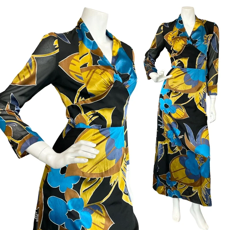 VTG 70S BLACK BLUE YELLOW FLORAL PLUNGING 3/4 SLEEVE EVENNG PARTY MAXI DRESS 4 Comfortable Flowy Maxi Dress