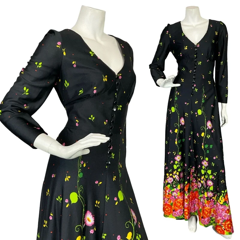 VTG 70S BLACK GREEN PINK ORANGE FLORAL PLUNGING NECK BUTTON UP MAXI DRESS 10 12 Comfortable Maxi Dress with Belt