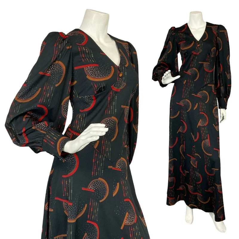 VTG 70S BLACK RED BROWN GEOMTRIC ROMNTIC BISHOP SLEEVE BASQUE WAIST MAXI DRESS 8 Stylish V-Neck Maxi Dress