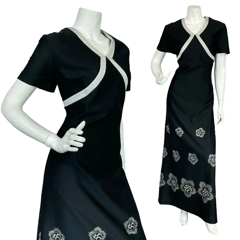 VTG 70S BLACK SILVER FLORAL EMBROIDERY EVENING PARTY SHORT SLEEVE MAXI DRESS 14 Cozy Wrap Maxi Dress