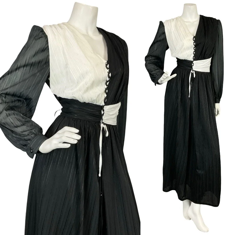 VTG 70S BLACK WHITE STRIPED DIAMANTE BRAIDED RUCHED EVENING MAXI DRESS 10 12 Trendy Floral Print Maxi Dress VTG 70S BLACK WHITE STRIPED DIAMANTE BRAIDED RUCHED EVENING MAXI DRESS 10 12 Trendy Floral Print Maxi Dress