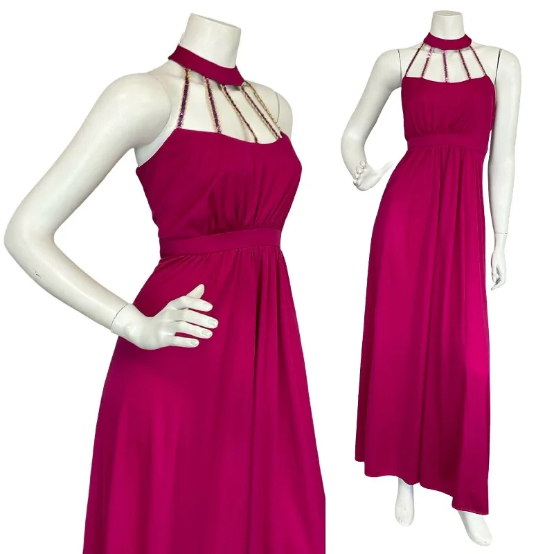 VTG 70S HOT PINK SEQUIN FLOATY STUDIO 54 DISCO HALTER NECK EMPIRE MAXI DRESS 12 Chic Boho Print Maxi Dress