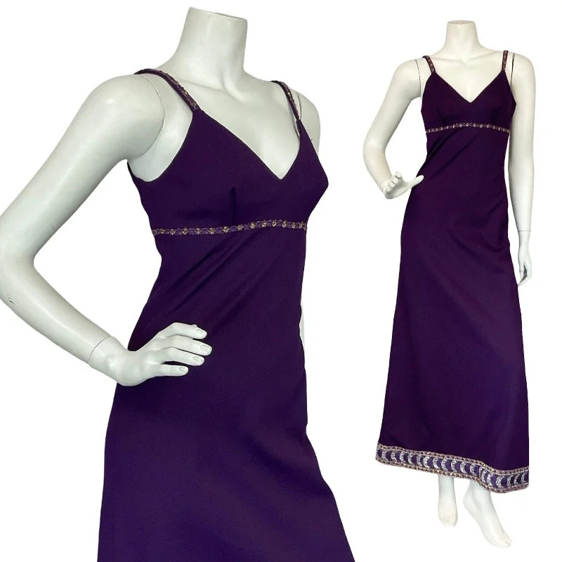 VTG 70S PURPLE GOLD SILVER CRESCENT MOON TRIM STRAP EVENING PARTY MAXI DRESS 6 8 Cozy Maxi Dress with Slit