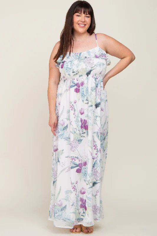 White Floral Sleeveless Ruffle Plus Maxi Dress Comfortable Bohemian Maxi Dress