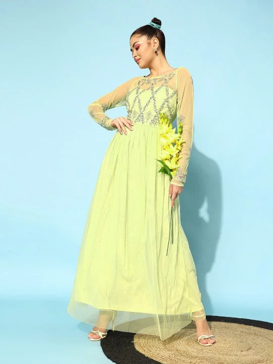 Women Lime Green Fit and Flare Long Sleeves Embellished Maxi Dress Trendy V-Neck Maxi Dress Women Lime Green Fit and Flare Long Sleeves Embellished Maxi Dress Trendy V-Neck Maxi Dress