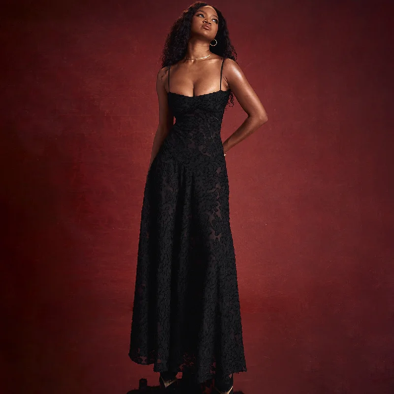 Women Clothing Sexy Dress Black See through Cami Dress Sexy Backless Dress Maxi Dress Evening Dress Cozy Ruffle Sleeve Maxi Dress