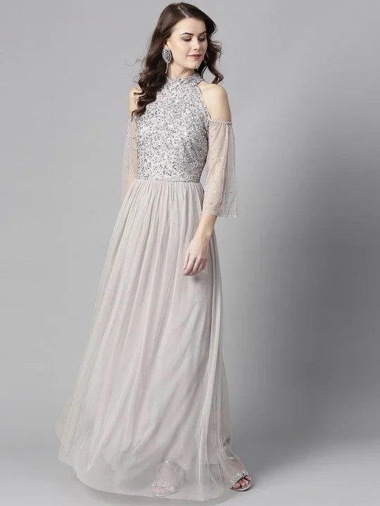 Women Grey Fit and Flare Slit Sleeves Sequinned Maxi Dress Elegant Maxi Dress with Slit Women Grey Fit and Flare Slit Sleeves Sequinned Maxi Dress Elegant Maxi Dress with Slit