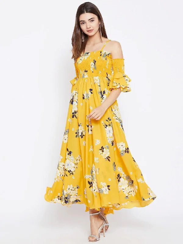 Women Yellow Floral Print Off Shoulder Maxi Dress Fashionable Chiffon Tiered Maxi Dress Women Yellow Floral Print Off Shoulder Maxi Dress Fashionable Chiffon Tiered Maxi Dress